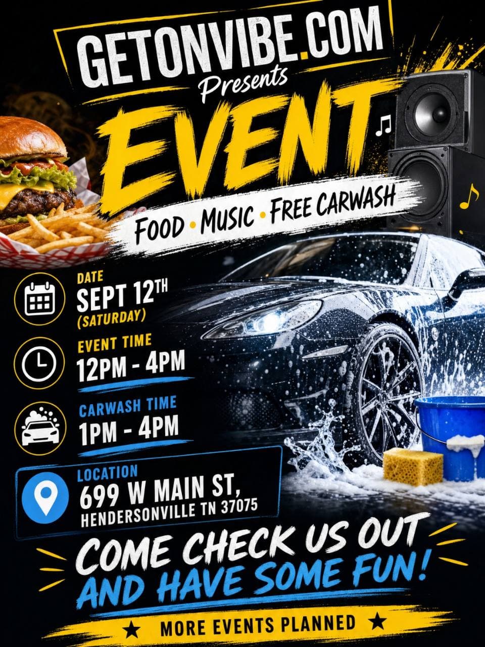 GetOnVibe event flyer with food music and free carwash details
